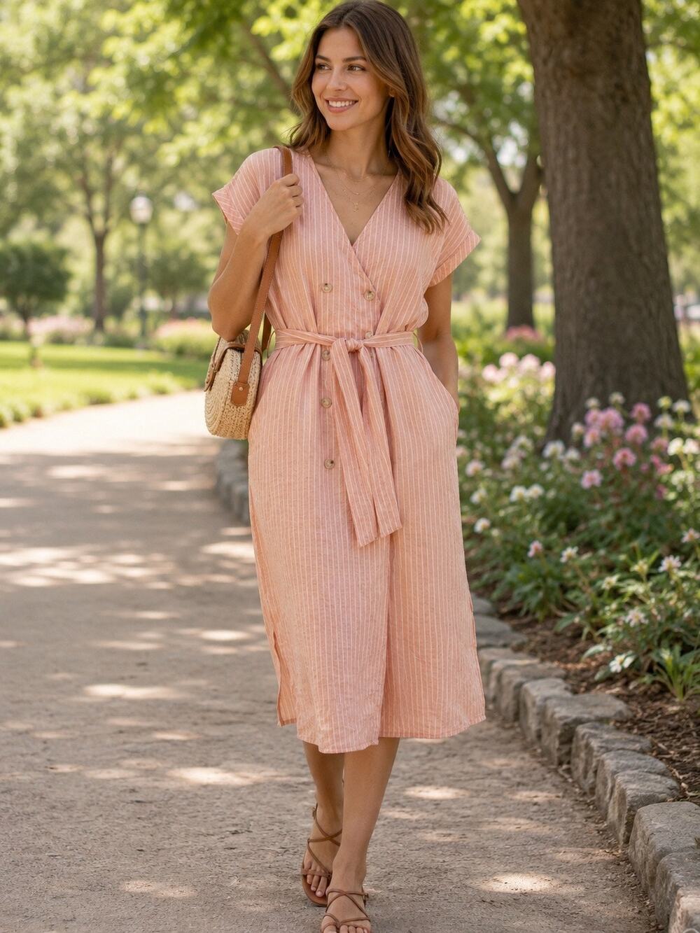 FRNCH Midi Length Peach Blush Striped Shirtdress in Size S
